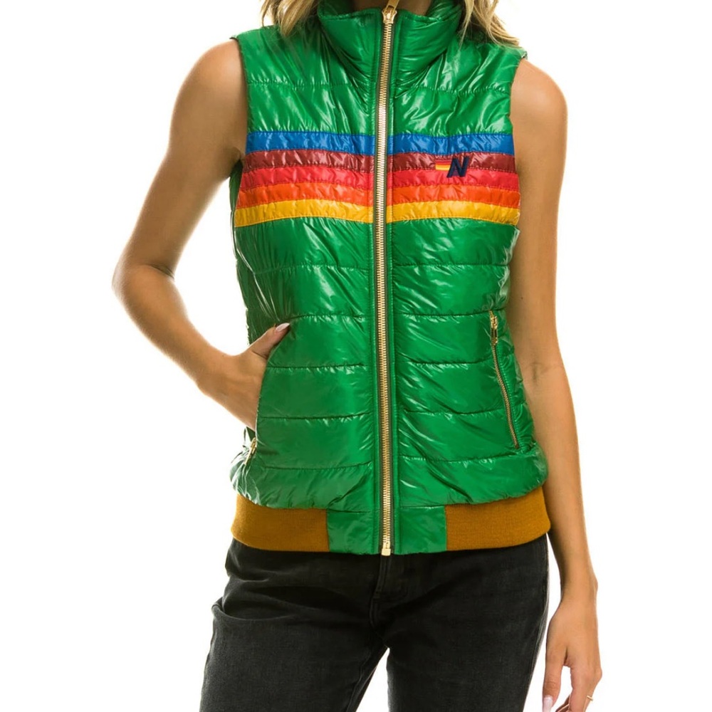 Aviator Nation Women’s 5 Stripe Green (Glossy Amazon) Vest with Rainbow Stripes